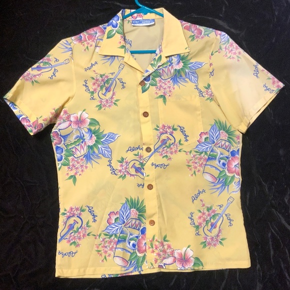 OP Other - Aloha from the '70s Casual Shirt with Guitars, Drums and Flowers